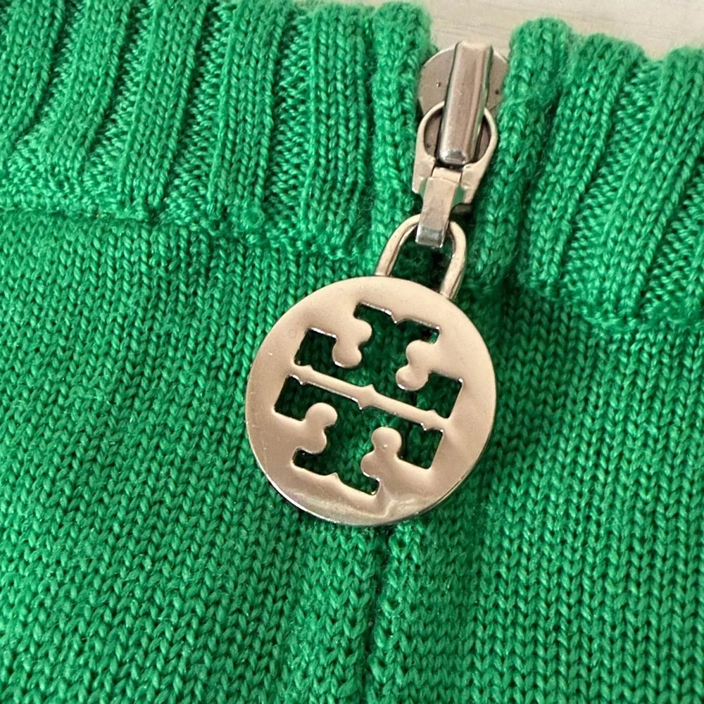 Tory Burch Wool Logo Pullover Sweater - Kelly Green with Silver Metallic Logo - Picture 8 of 15